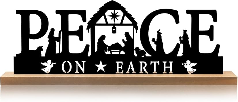 Pinkunn Metal Nativity Sets for Christmas Decorations Black Metal Nativity Scene with Wooden Base for Christmas Xmas Home Indoor Office Table Shelf DecorPeace on Earth