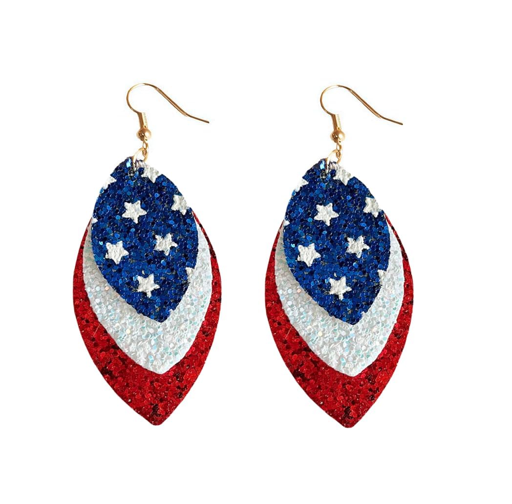 4th of July Patriotic American Flag Star Layered Tassel Leather Dangle Earrings Bohemian Red White and Blue Independence Day Glitter Teardrop Tassels