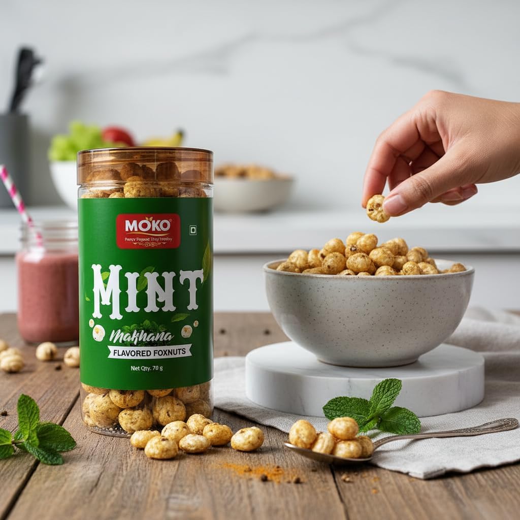 MOKO Mint Makhana (70g) | Roasted Foxnuts | High Protein, Gluten-Free & Low-Calorie Healthy Snack | Light & Crunchy Lotus Seeds | Refreshing Pudina Flavor 2