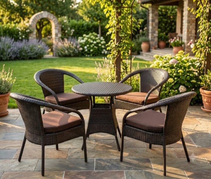 Image of PRATHAM India 4+1 Outdoor Indoor Patio Set Bistro Set Rattan Set Lawn Balcony Hall Outdoor Garden Chair Table Set (Brown Chair & Brown Cushion)