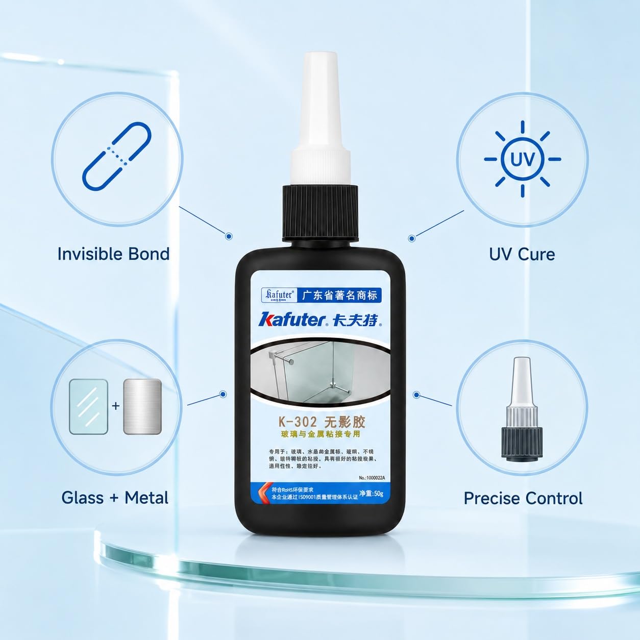 VIDOO Kafuter K-302 Fijador Estructural Materiales Cruzados, Adhesivo Ultravioleta 50 g y 250 g para Chapa Metálica y Vidrio, Polímero Fijación Aleación Alta Estabilidad, 250g