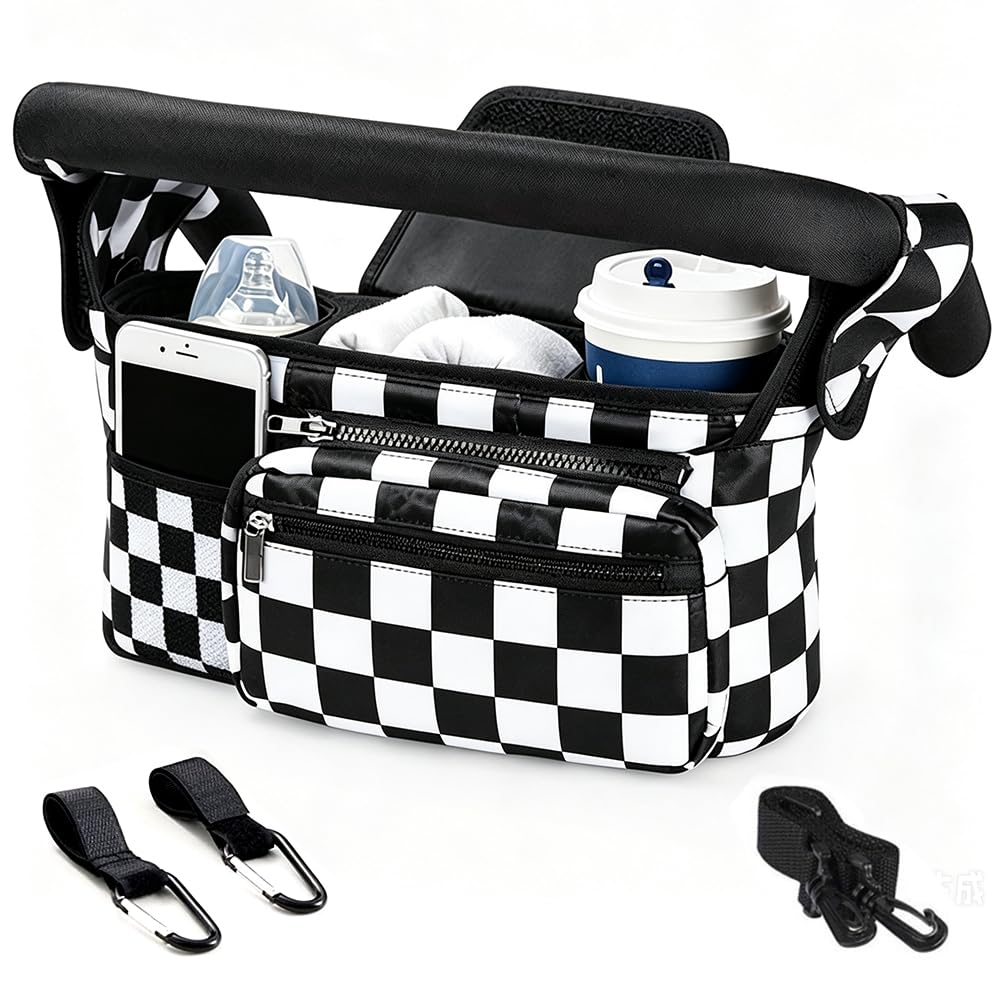 Tyuodna Baby Pram Bag Stroller,Universal Stroller Bag with 2 Insulated Cup Holder,Large Capacity Bag Organiser,Buggy Organiser with Shoulder Strap&Non-Slip Secure Hooks (Black & White Squares)