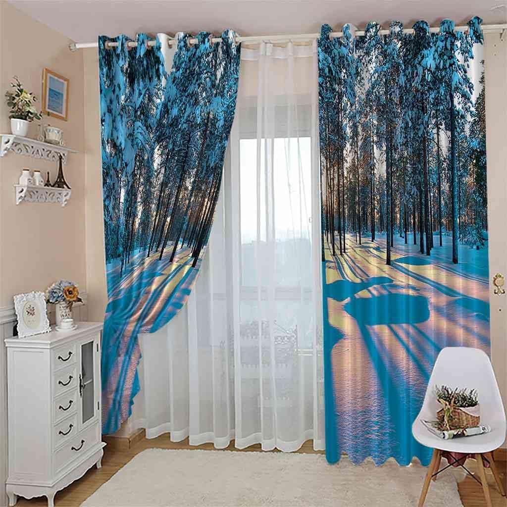 Modern Blackout Curtains with Eyelet 3D Printed Thermal Insulated Window Treatments Snow Scene in Winter Woods Living Room Bedroom Window Drapes 2 Panel Set 72" X 108" (2XW55"xL96")
