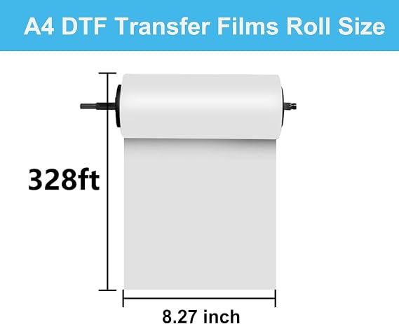 Premium DTF Transfer Film Roll 8.27 x 328ft - Matte Clear PreTreat PET Heat Transfer Paper for A4 DTF Printers, Hot & Cold Peel, Direct to Film for T-Shirts Textile
