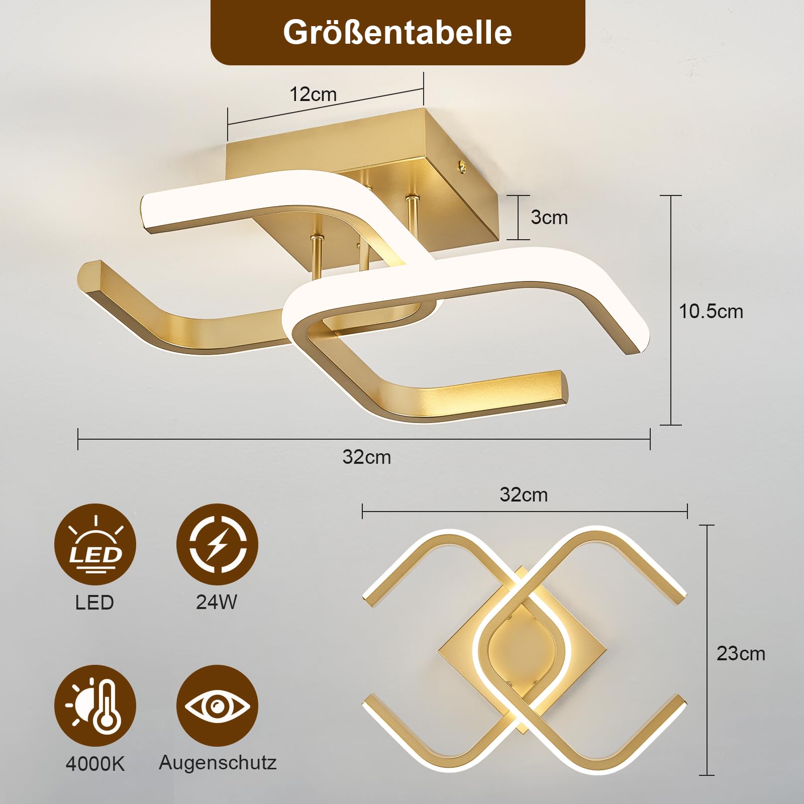 Plafoniera Soffitto Moderna, Plafoniera Led Soffitto Oro, Lampadario Led 32 cm per Cucina, Bagno, Corridoio, Disimpegno, 4000 K