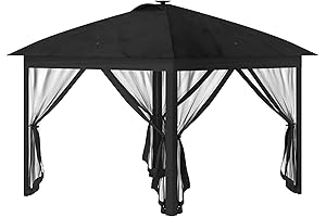 Outsunny 11' X 11' Pop-Up Black Tent with Solar LED Lighting and Bug Netting