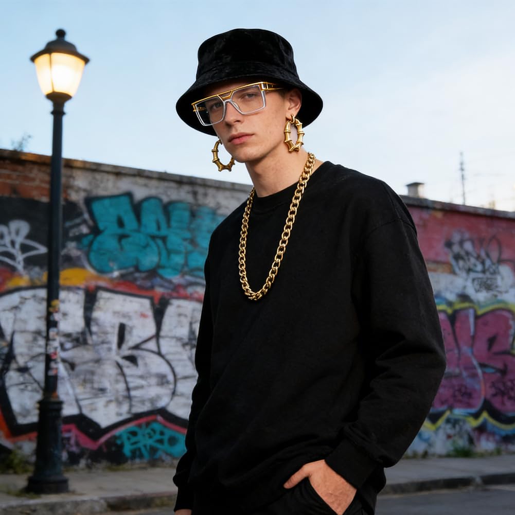 Hip Hop Rapper Costume Set, 5 Pcs Hip Hop Accessories Kit, Golden 80s Hips Hops Fancy Dress Accessories, Golden Necklace - Image 4
