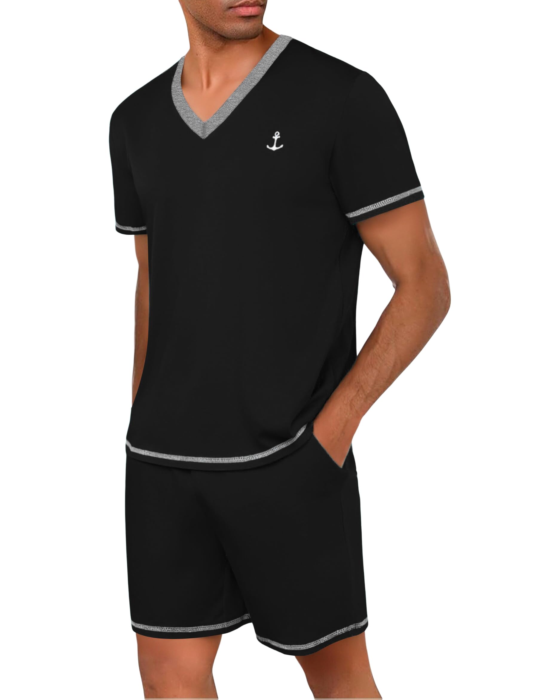 Marvmys Schlafanzug Herren Kurz Baumwolle Sommer V-Ausschnitt Pyjama Set