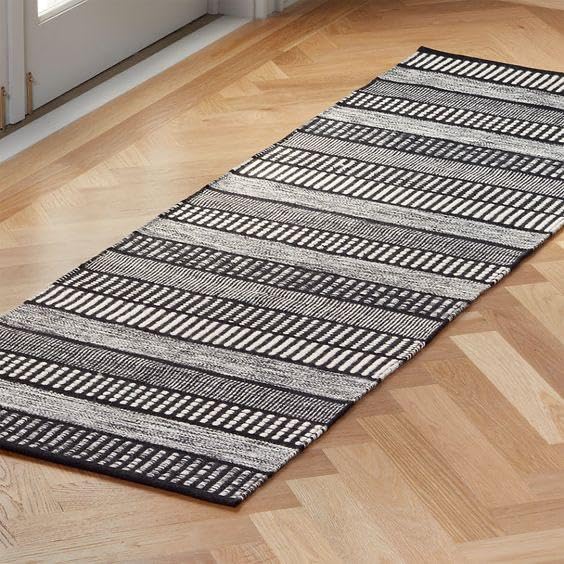 Ultica Fab® Handmade Sustainable Cotton 2 x 5 Feet Floor Rugs Carpet Durries for Living Drawing Room | Bedside Runner for Bedroom (Monochrome)