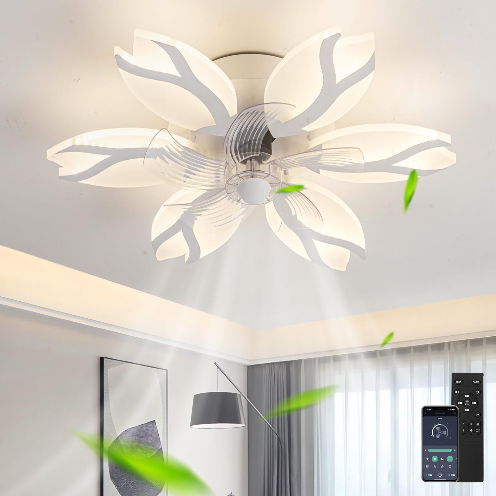 64W Blume Deckenventilator Mit Beleuchtung Und App, Dimmbar LED Deckenlampe Mit Ventilator Für Schlafzimmer Und Wohnzimmer, 6 Gang, Reversibel, Leise Lampe Ventilator, Weiß