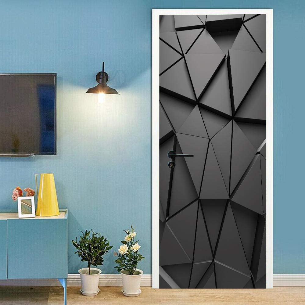 3D Door Sticker Black Geometric Self-Adhesive Mural Home Decoration Wall Stickers Bedroom Living Room Removable Poster Art Stickers-90x200cm