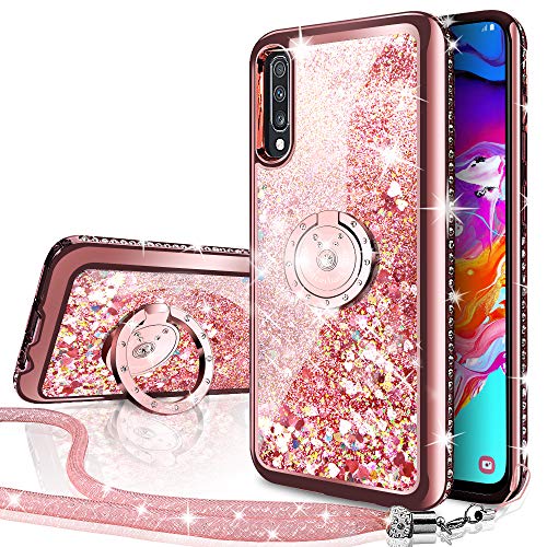 Silverback Galaxy A70 Case, Moving Liquid Holographic Sparkle Glitter Case with Kickstand, Bling Diamond Rhinestone Bumper W/Ring Slim Protective Samsung Galaxy A70 Case for Girls Women -Rose Gold