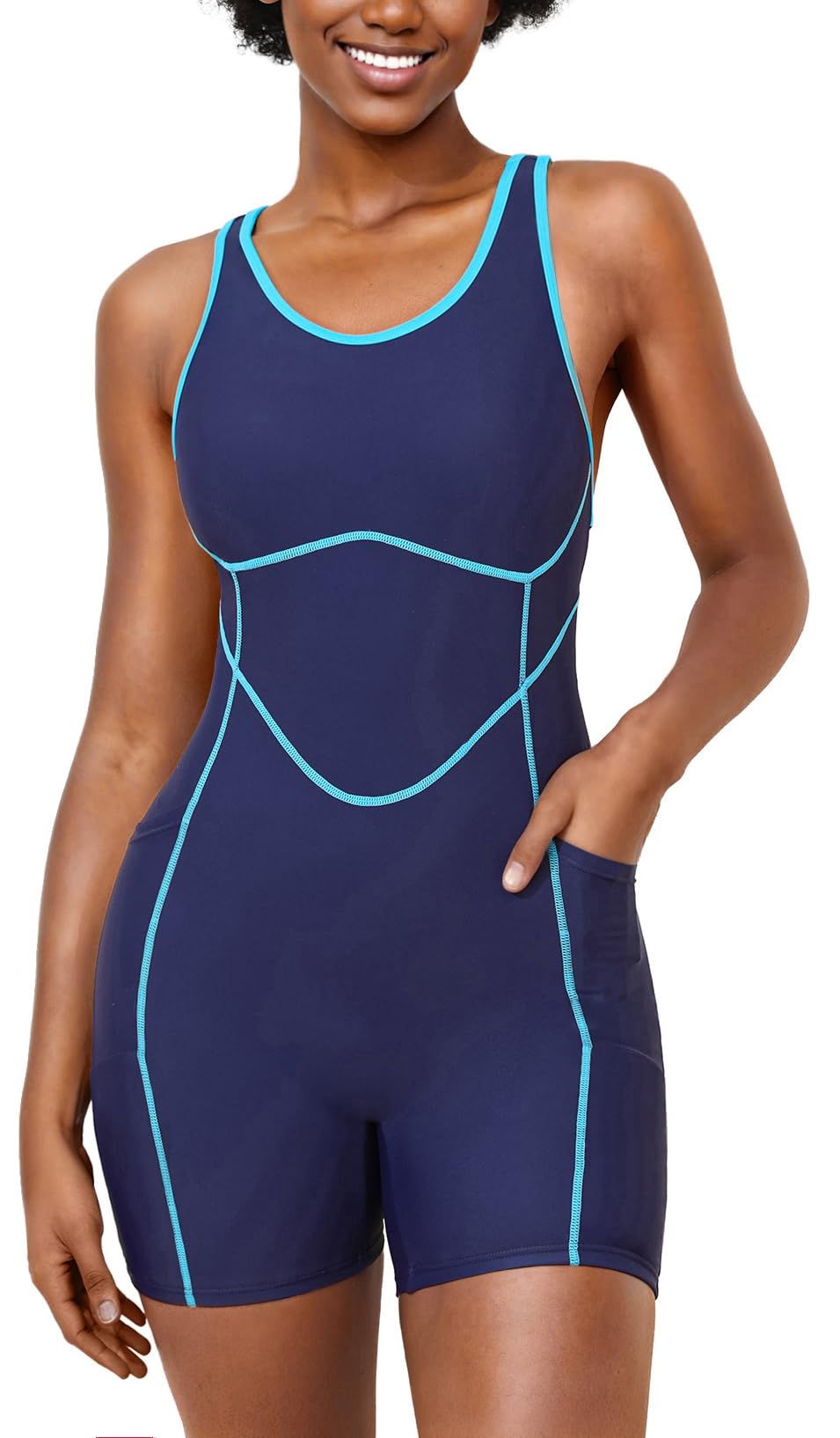 beautyinWomen's Athletic Boyleg One Piece Swimsuits with Pockets Racerback Modest Bathing Suit