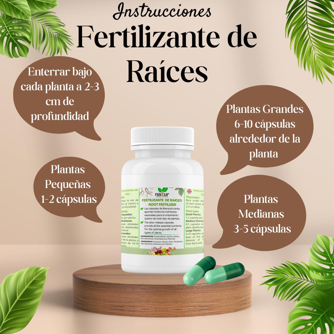 Natur Cápsulas de Abono para Raíces, Potenciador del Crecimiento, Abono Completo con todos los Nutrientes para Plantas de Interior, Exterior y Jardín, 100 Pastillas.