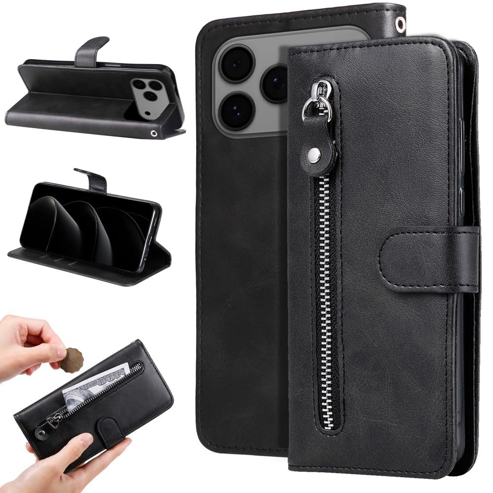 Generic Custodia Compatibile con iPhone 16e (Nero) Porta Zip Pelle Portafoglio Flip Cover Posteriore