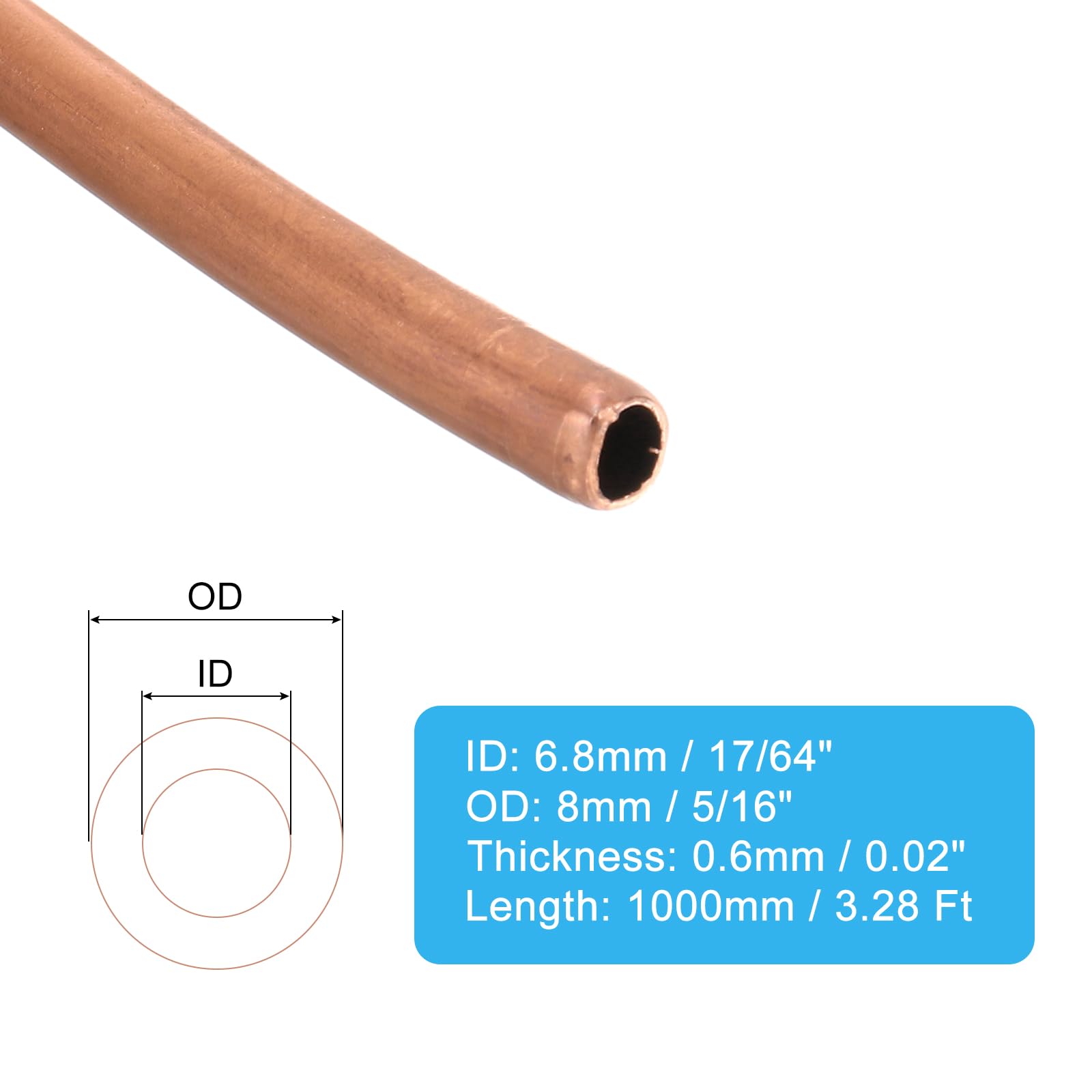 PATIKIL 17/64 Pouce ID 5/16 Pouce OD 0.02 Pouce Épais 99.9% Tube en Cuivre, 3.28Ft Bobine de Tubes de Réfrigération Tubes Ronds Sans Couture pour L'Artisanat de Bijoux Industriels HVAC