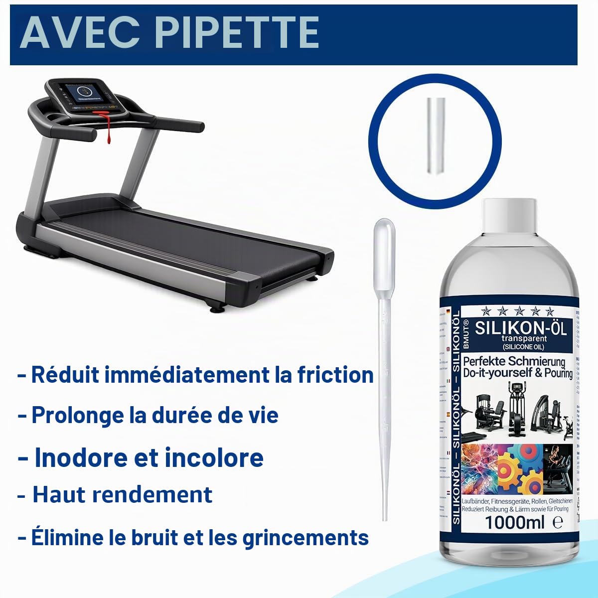 Huile de silicone 1000 ml - Pure 100 % - Pour tapis de course - Lubrifiant pour tapis de course, vélo elliptique, vélo de spinning et équipements de fitness - Huile lubrifiante 200cst avec pipette de