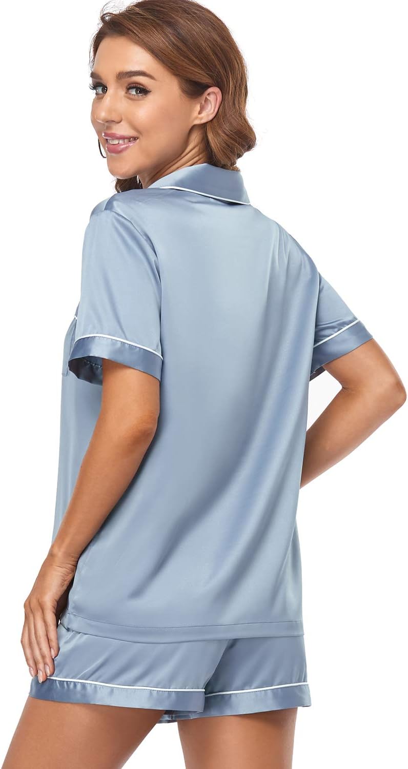Women's Satin Pajama Set 2-Piece Sleepwear Loungewear Button Down Short Sleeve Silky PJ Set - Image 2