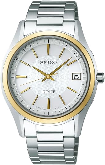 DOLCE SADZ188 Mens Watch, Made in Japan, Solar Radio, Full Auto Calendar Date, Water Resistant to 10 ATM, Dress Design, Silver & Yellow Gold Dial, White, Pure Titanium Case and Band