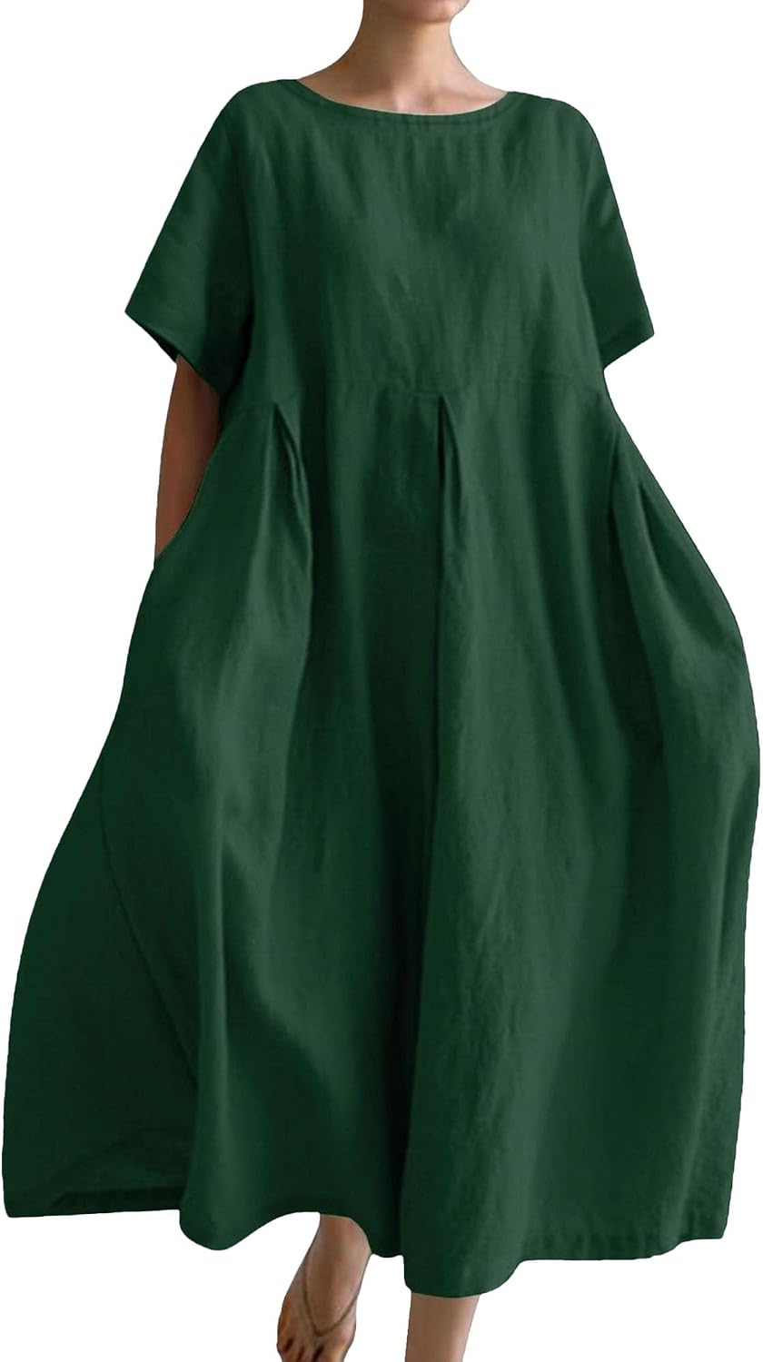 Abito Casual in Cotone e Lino per Donna, con Scollo a Giro, Manica Lunga, Ampio, Taglie Forti, Estivo, Quotidiano, con Tasche, 2025 alla Moda