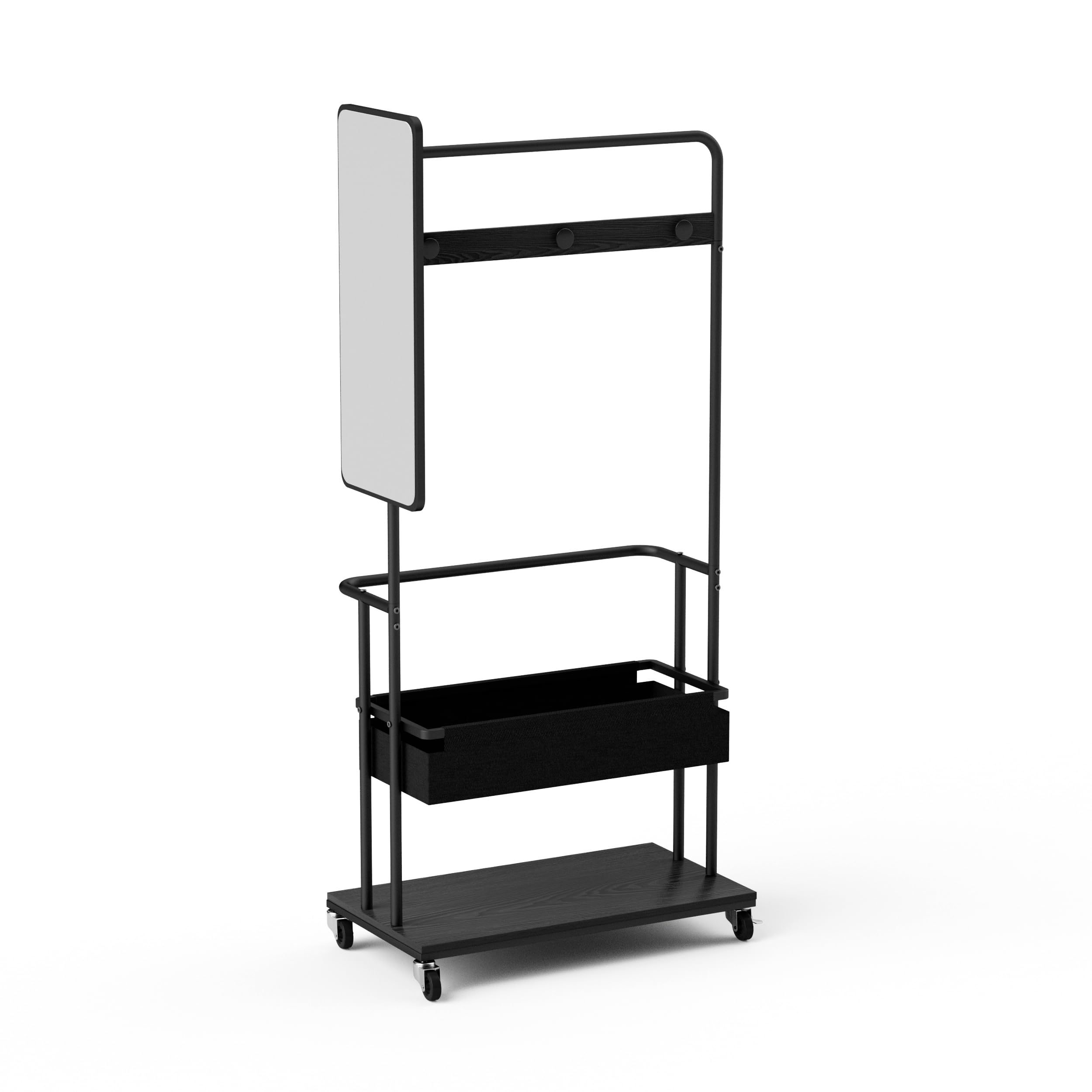Kleiderständer aus Metall mit Rollen, 3-in-1 mit Korb und Spiegel, Schwarz, 70 x 40 x 170 cm