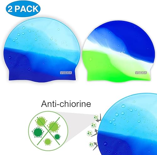 Miniatura 2 de Vsidea Gorras de natación de silicona, paquete de 2 gorras de natación duraderas y cómodas para adultos, elastómero para mujeres y hombres, cabello