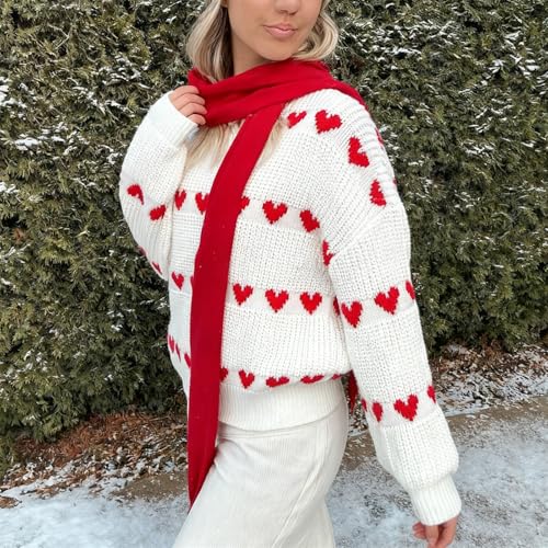 Image of Women Heart Print Sweaters Crewneck Loose Fit Knit Pullover Casual Sweater Tops