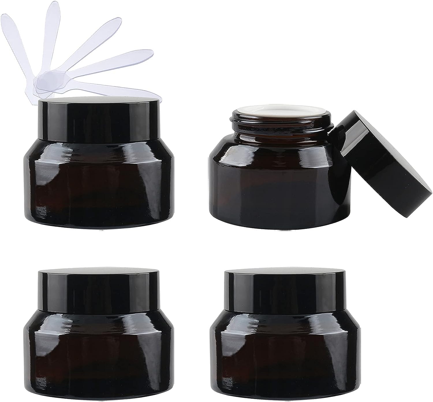 FLYIODFCXV cosmetic jar, 4 Pack Glass Cosmetic Jars, Face Cream Storage Containers Pots with Black Lid & Inner Liners DIY(Brwon,1.7 Ounces)