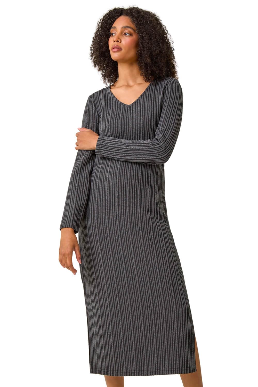 Roman Women's Charcoal Wave Textured V-Neck Stretch Midi Dress Size 16