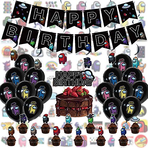 Popular Game Among Us Party Decoration Set of 136, Among Us Party Supplies Include Happy Birthday Banner, Latex Balloons, Cake Cupcake Toppers, Stickers for Among Us Fans
