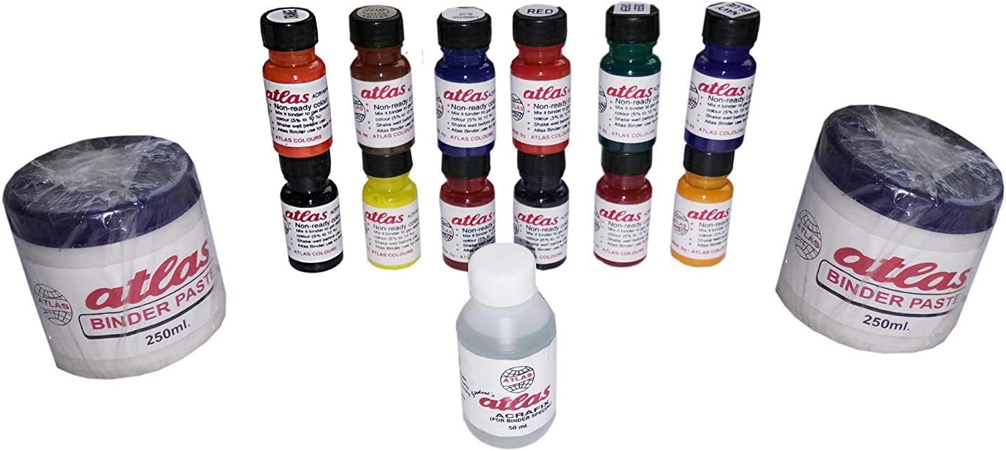 Pigment Acryamine Dyes,for Block & Screen Printing, Multicolor Set of 12, 20 Ml Each Bottle with Binder 500 ml & Acrafix