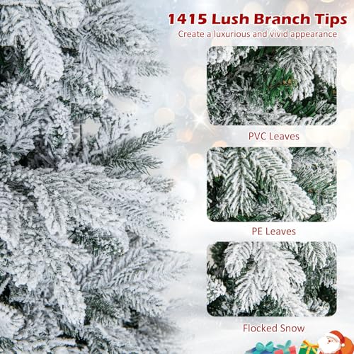 Image of Goplus 6ft Pre-Lit Snow Flocked Christmas Tree, Artificial Hinged Xmas Tree with 1415 Branch Tips, PE & PVC Mixed Leaves, 260 Warm-White LED Lights, Foldable Metal Base, for Home Office Holiday Decor