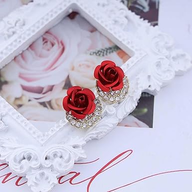 Wendalern Orecchini a perno a forma di rosa con zirconia cubica, piccoli orecchini a forma di rosa rossa, con texture opaca, graziosi fiori di rosa, ipoallergenici, gioielli per donne e ragazze, Zinco
