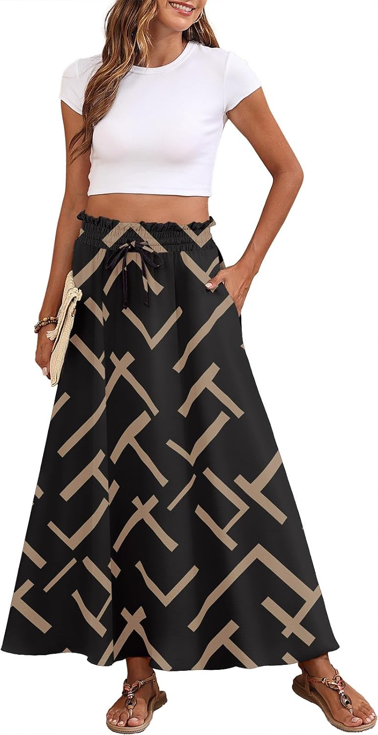 Askyes Womens Maxi Skirt Summer Tie Knot Elastic High Waisted Boho Casual Beach Flowy Swing Long Skirts with Pockets