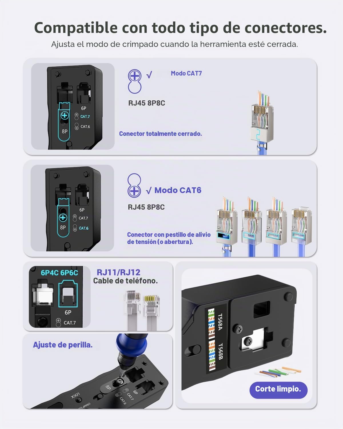 VCELINK GJ671BL Crimpadora RJ45 Pasante Crimpadora Profesional para Conector RJ45,RJ12,RJ11