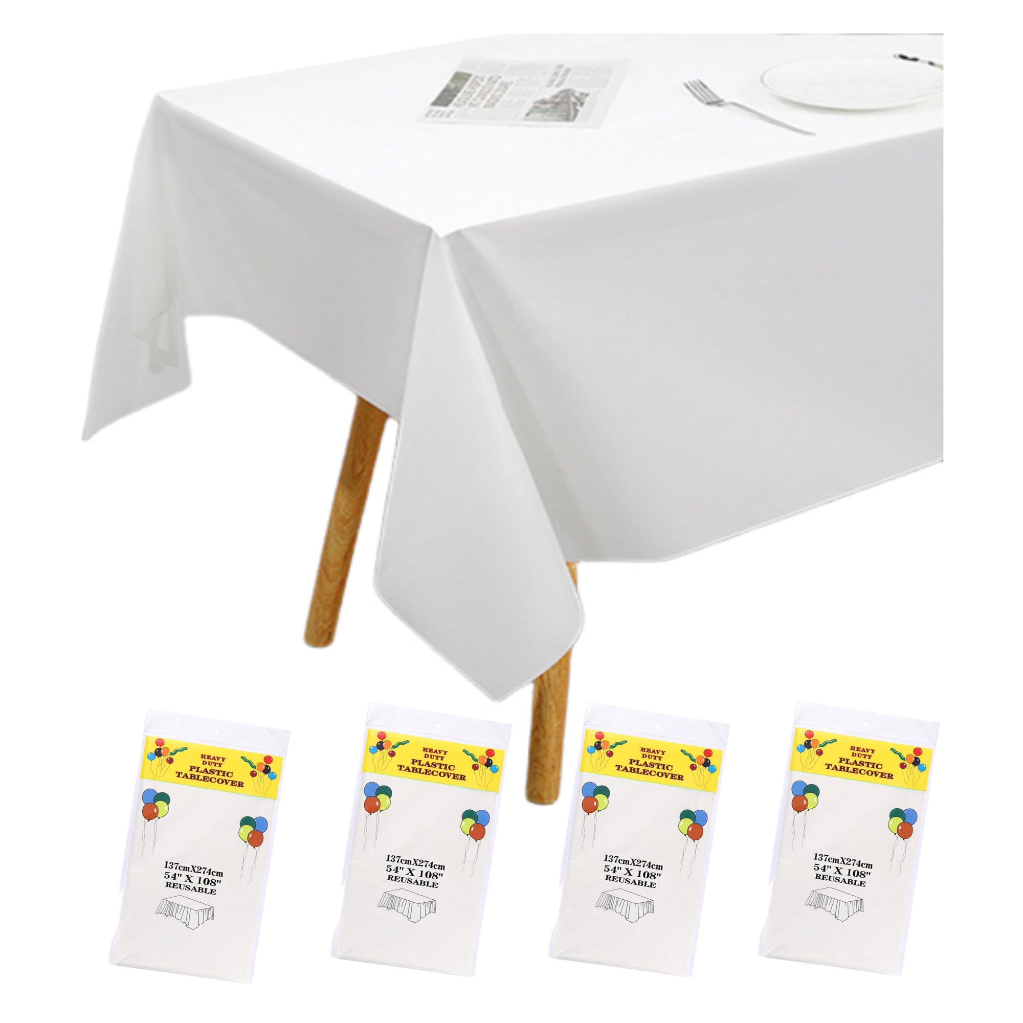 Tong Li Disposable Party Tablecloth - white, Plastic Table Cover for Events (Birthday/Party/Wedding), Easy to Clean, Waterproof, 137x274cm (54x108in) 4PCS (white)