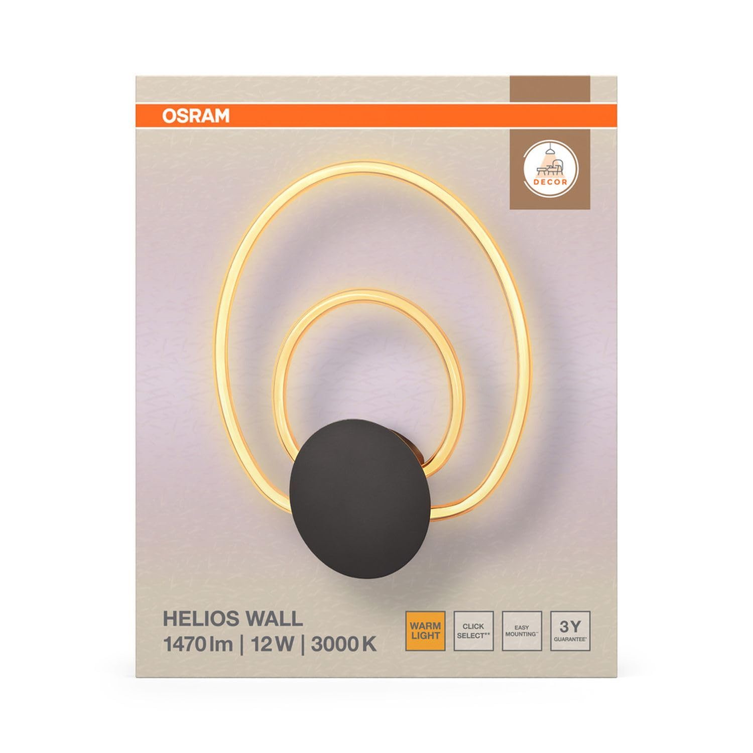 Osram Decor Helios - Lampada da parete in policarbonato curvo con LED e filamento, con Click Select, 12 W, 960 lm, 3000 K, 830 bianco caldo, non dimmerabile, grigio scuro, plastica (PC), IP20