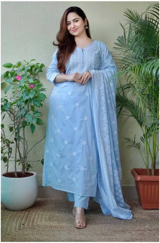 Image of ZANETA Women's Rayon Round Neck 3 /4 Sleeves Embroidery Traditional Straight Kurta and Pant Set with Dupatta for Ladies