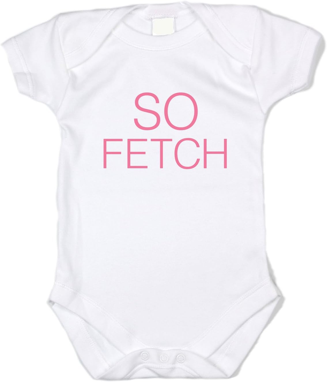 Baffle Baby/So Fetch (Short-Sleeved White Cotton Onesie, Pink Text, Girls)