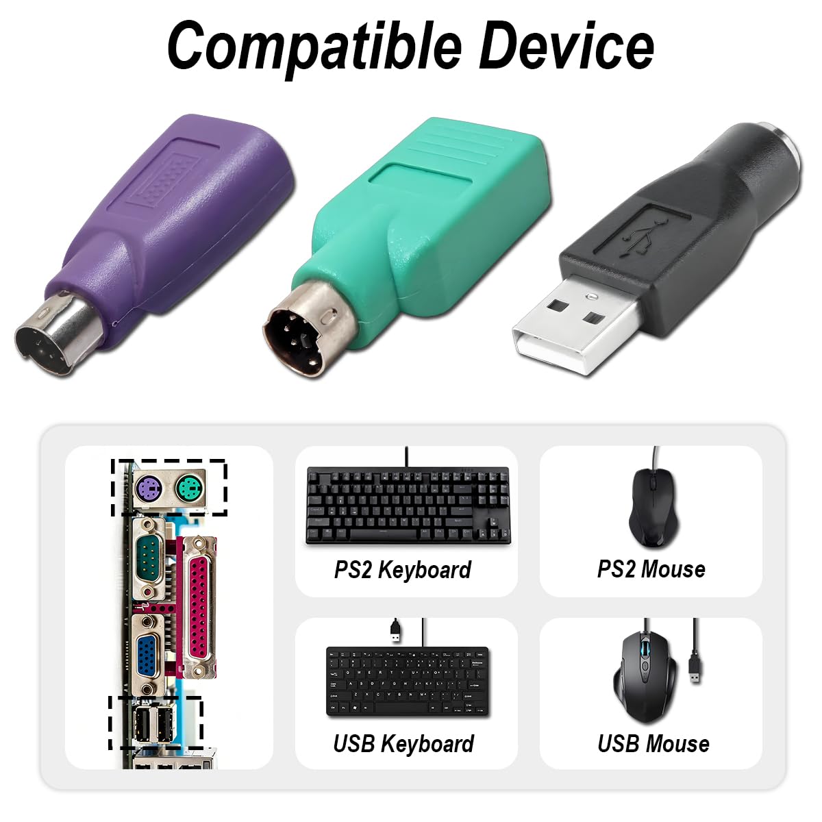 Adaptateurs PS2 vers USB Remplacement pour Souris et Clavier, Lot de 2 Convertisseurs PS2 Femelle vers USB A Mâle (Vert, Violet, Noir)