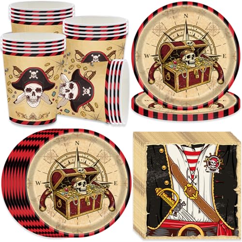 Bikasun Ensemble de vaisselle de fête pirate, assiettes en carton pour 16 invités, ensemble de...