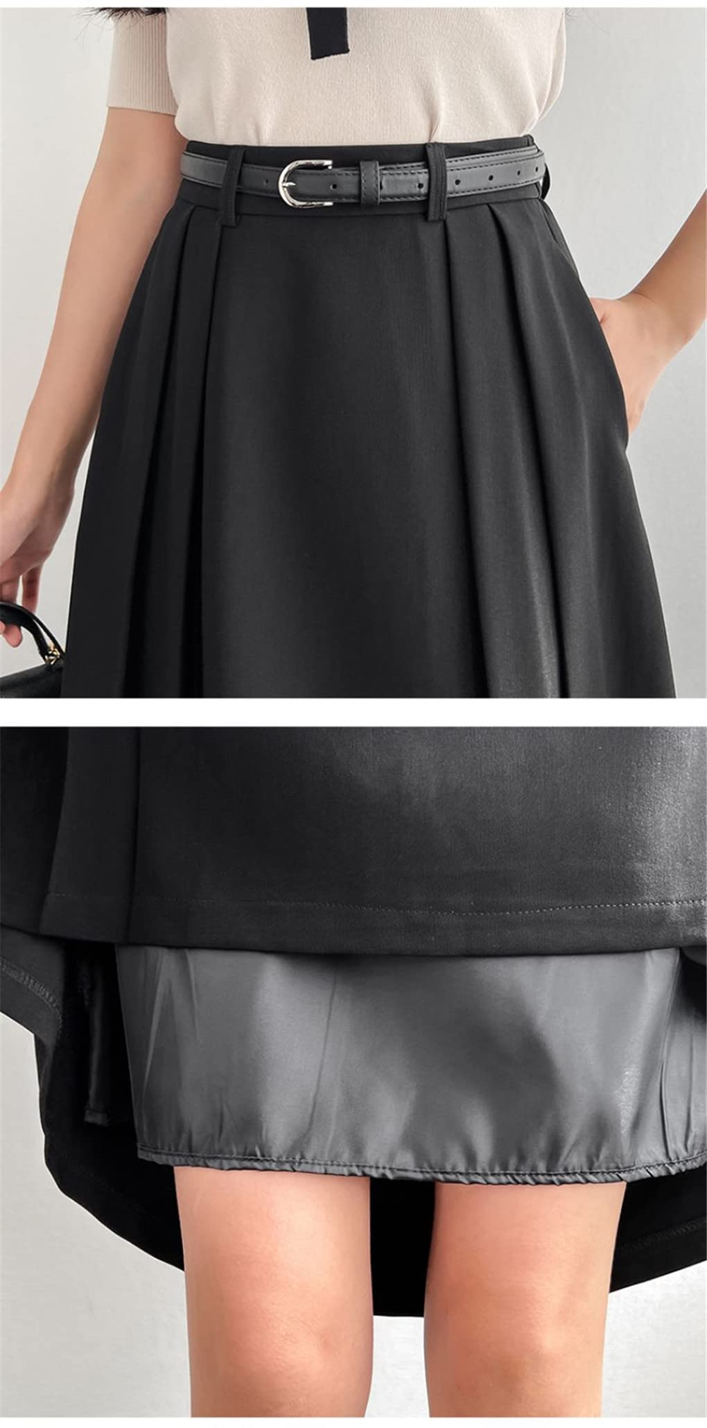 Dninmim Gonna lunga a pieghe da donna a vita alta con cintura a pieghe estiva casual tinta unita, Nero , L