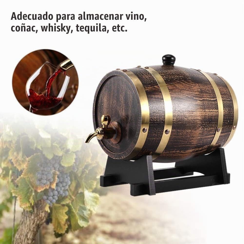 Barril de Roble Americano 3L Vino Whisky con Grifo y Soporte Negro