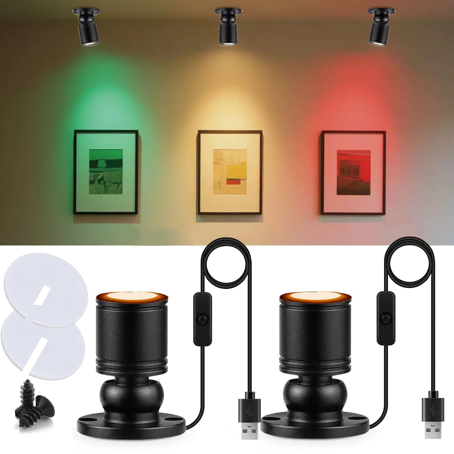USB Powered Mini Spotlights for Displays 2-Pack – 5V Small LED Spot Lights Indoor, 7 Color Options, Compact USB Spotlight for Display Cases, Shelves, Cabinets, and Artwork (2PACK Yellow)