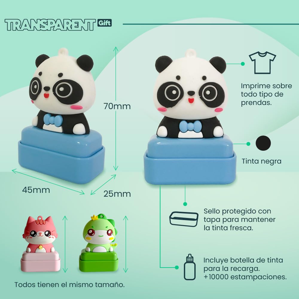 Transparent Gift Sello Personalizado para Ropa Infantil con Nombre Muñecos Animales. Sellos Personalizados Ropa Niños. Sello para Marcar. Tinta Negra Resistente al Agua. Regalos de Vuelta al Cole