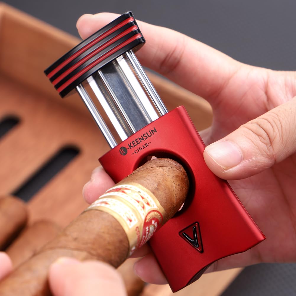 KEENSUN Zinc Alloy V-Cut Cigar Cutter (Red And Black), 60 Ring Gauge, 420J2 Stainless Steel Cut Blade In Gift Box