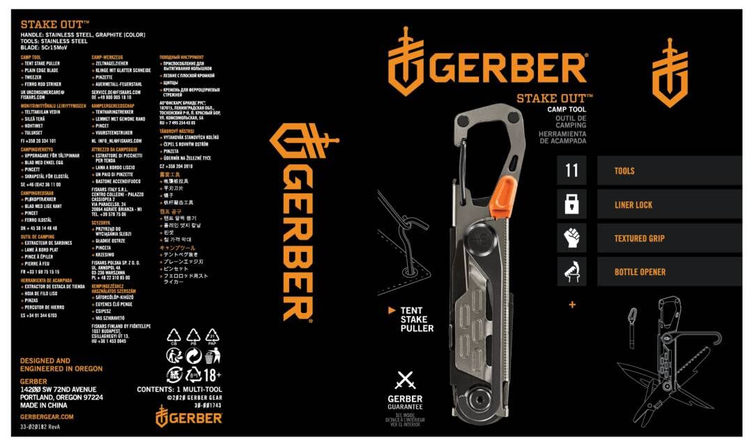 Gerber Narzędzie wielofunkcyjne z 11 funkcjami, Stakeout, z blokadą Frame-Lock i karabińczykiem, srebrne, 30-001743