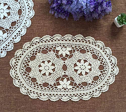 Hetao 11X19 Inch 100% Cotton Handmade Lace Crochet Oval Table Mats Placemats Doily Doilies-2Pc Beige #TOP4