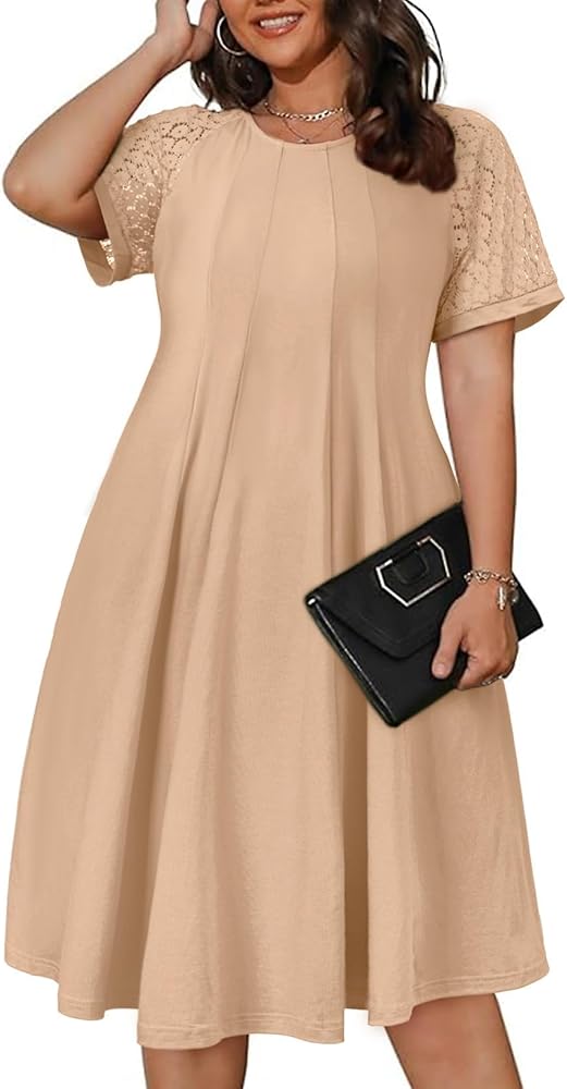 Eytino Women's Plus Size T Shirt Dress Crew Neck Lace Crochet Short Sleeve  Swing Midi Dresses Summer Casual Pleated Flowy Aline Dress with Pockets  Apricot 1X at Amazon Women's Clothing store