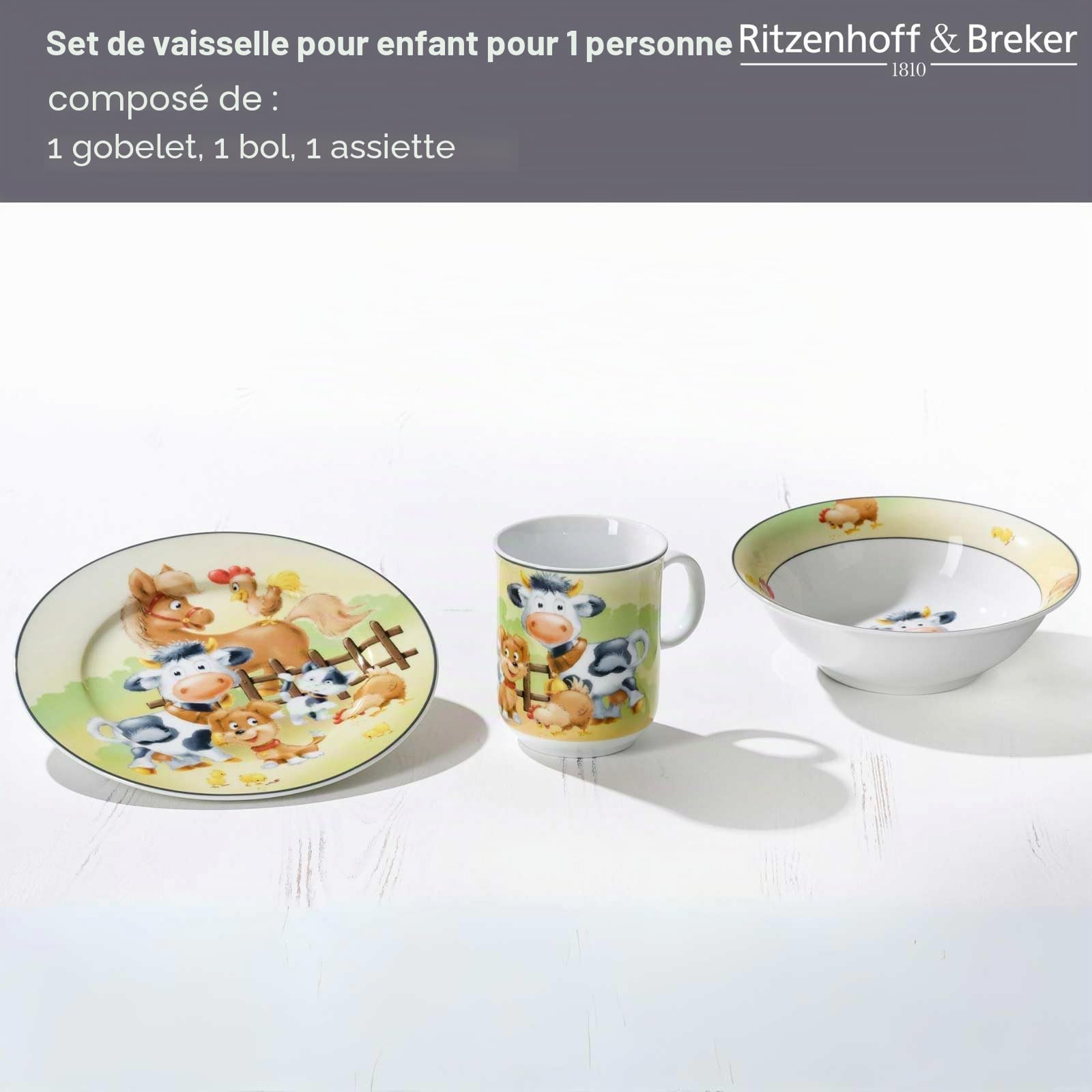 Ritzenhoff & Breker Vaisselle pour enfant 3 pièces animaux de la ferme - Gobelet pour enfant (270 ml), assiette (19 cm) et bol (450 ml) - Animaux de la ferme - Porcelaine - Multicolore